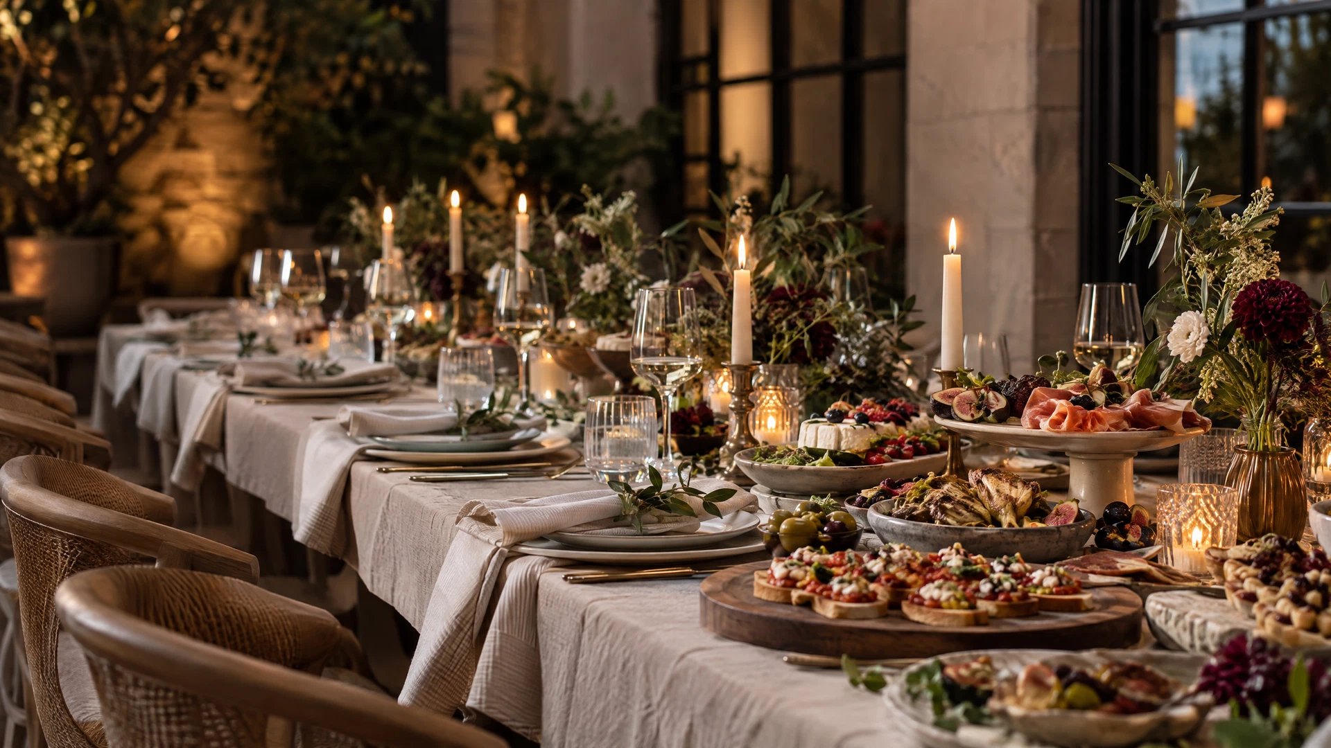 A warmly styled event table with shared dishes, candles and greenery